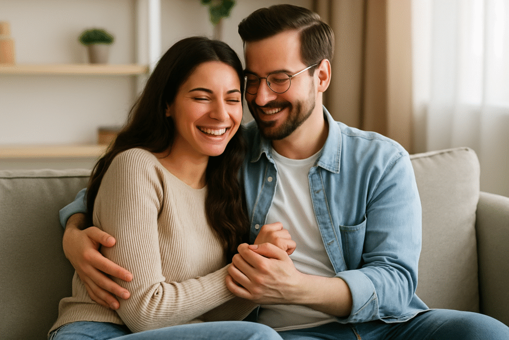 Casal jovem sorrindo enquanto se abraça com carinho, representando harmonia, amor e hábitos saudáveis que fortalecem o relacionamento.