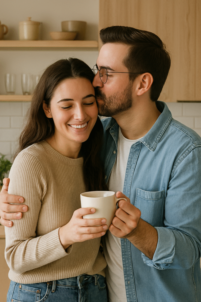 Casal jovem sorrindo enquanto se abraça com carinho, representando harmonia, amor e hábitos saudáveis que fortalecem o relacionamento.